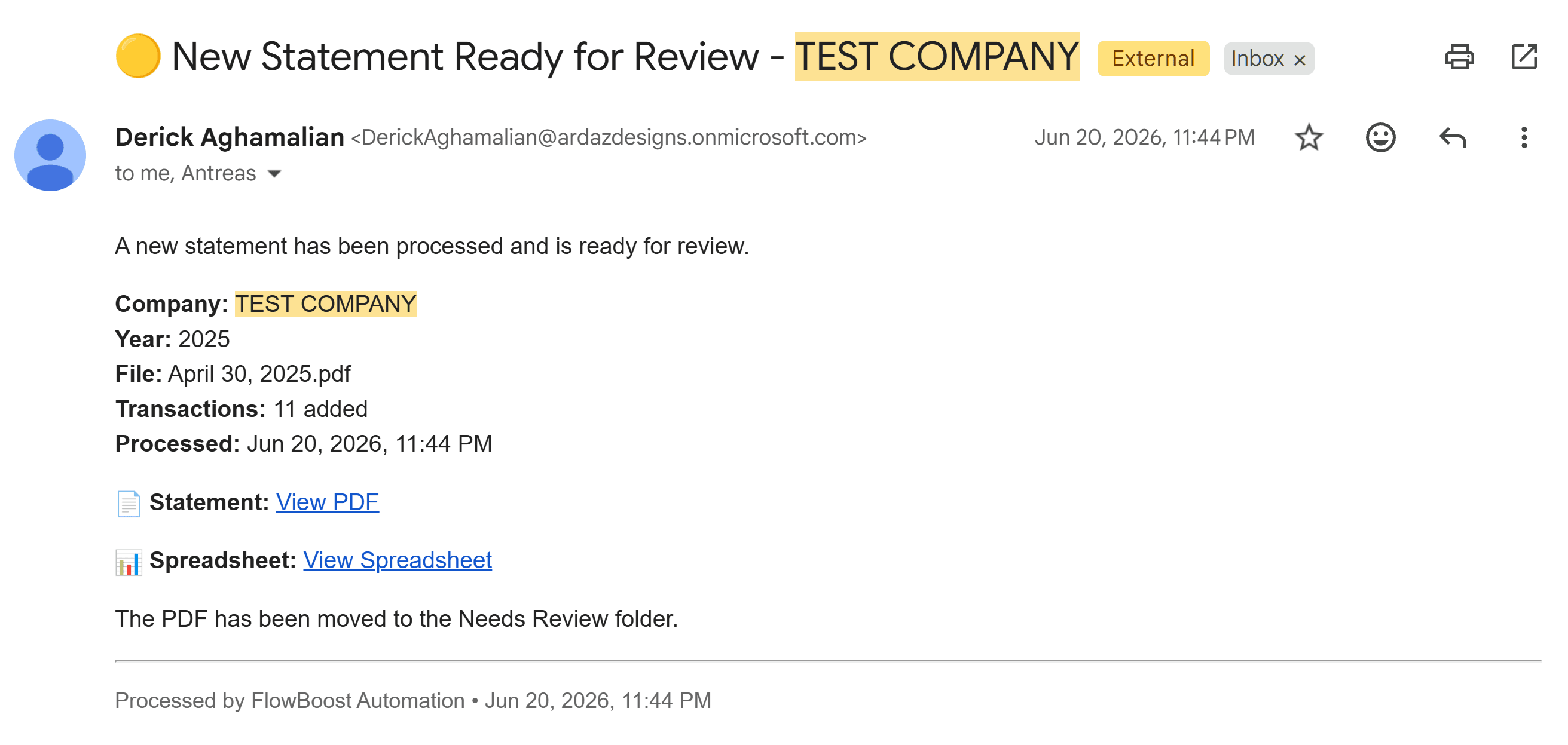 A notification email headed New Statement Ready for Review. It lists the company, the year, the statement file name, the number of transactions added and the time it was processed, then links labelled View PDF and View Spreadsheet, and closes by saying the PDF has been moved to the Needs Review folder.