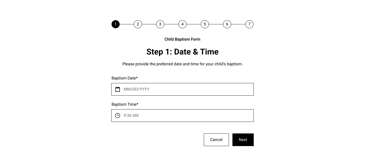 Low-fidelity wireframe of one step of the multi-step booking form, a short group of fields above a progress indicator.