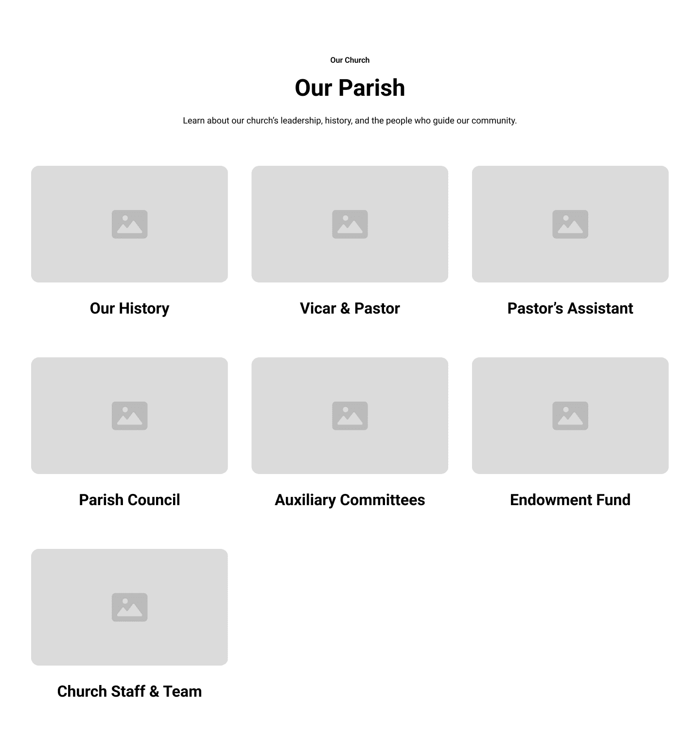 Low-fidelity wireframe of a card-based landing page, each card a labelled entry point to one page, replacing the old nested dropdown menus.