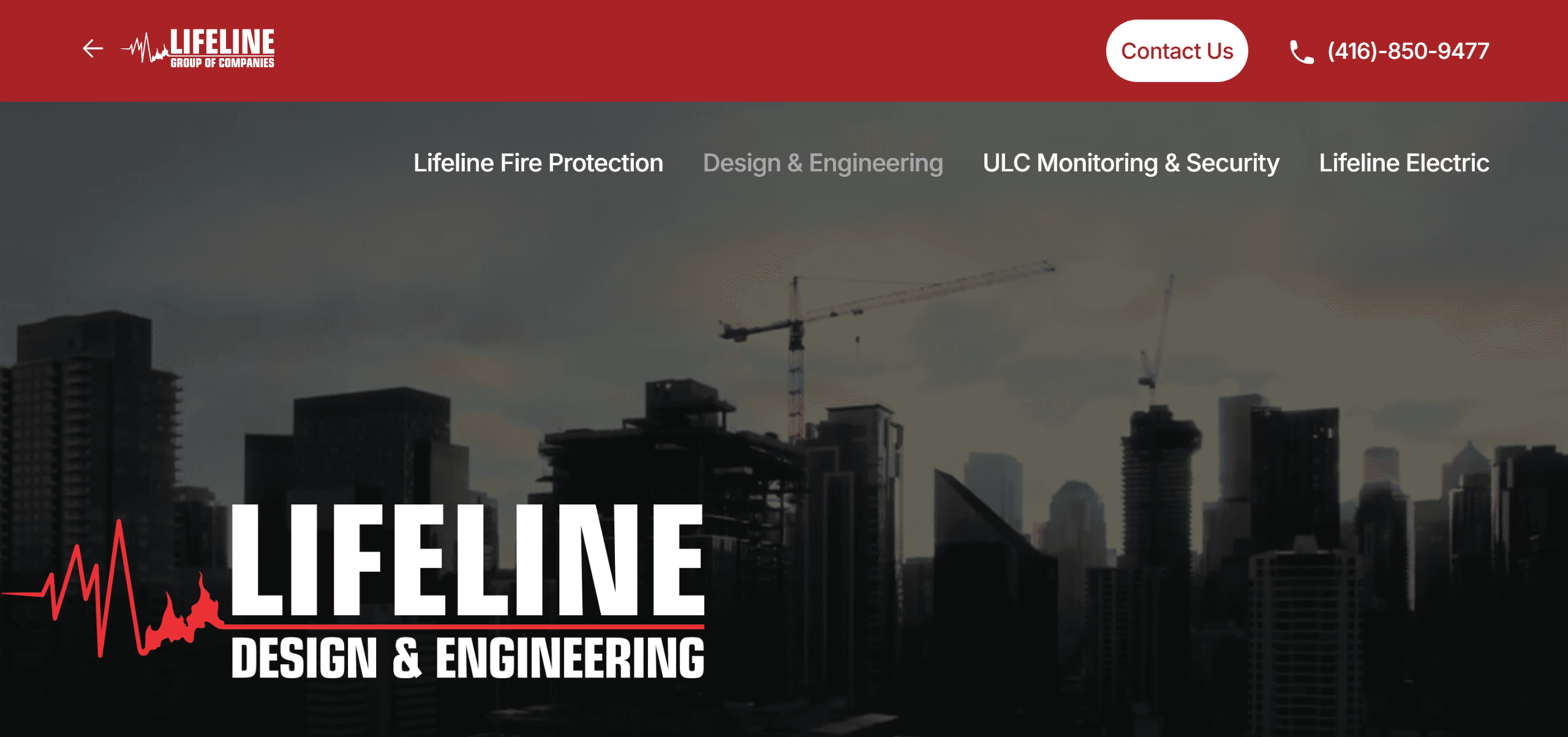The live Design & Engineering page header. The red top bar holds a back arrow and the small Lifeline Group of Companies logo on the left, and Contact Us and a phone number on the right. Below, the four company links remain, with Design & Engineering greyed out, and the large Lifeline Design & Engineering logo sits over a darkened background video.