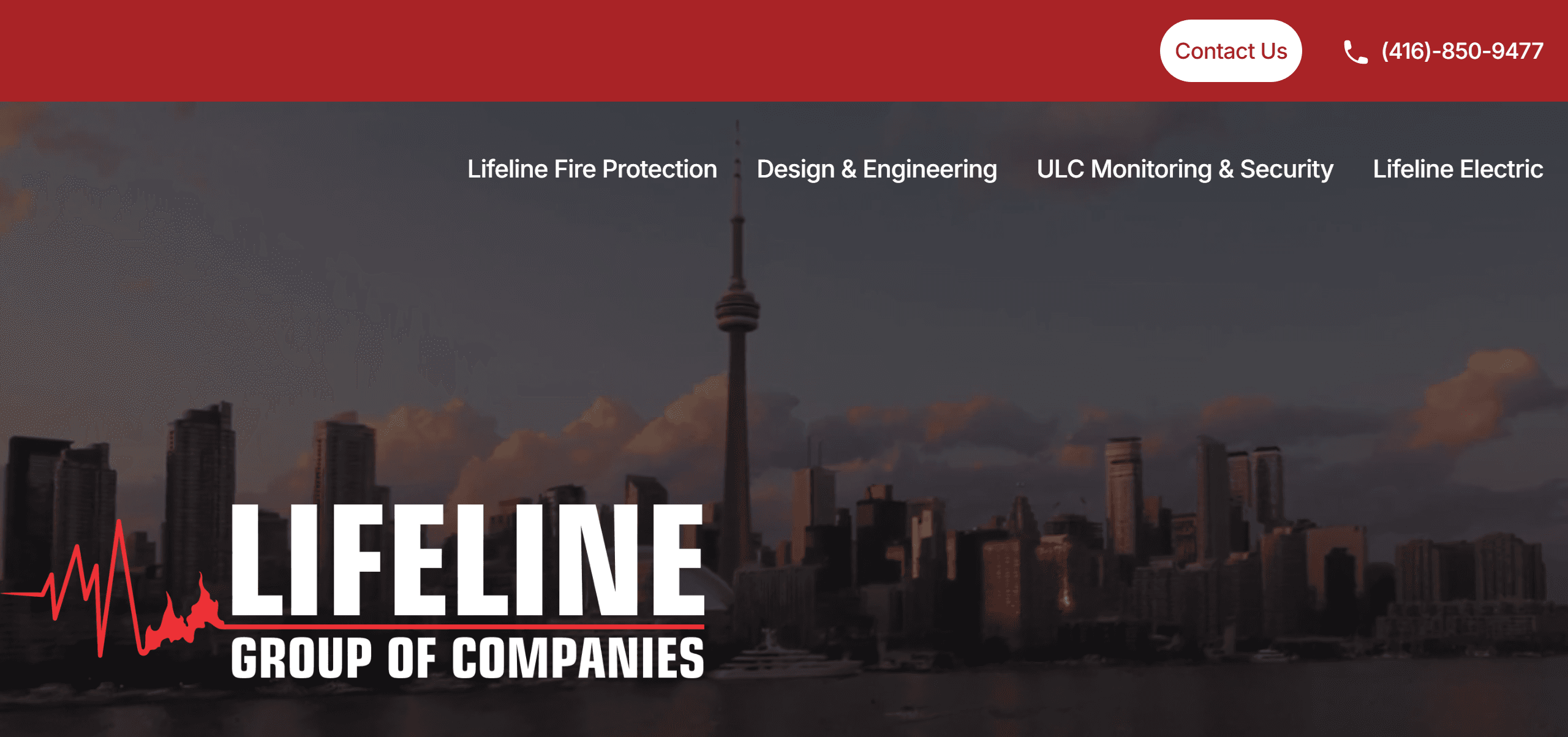 The live Lifeline Group of Companies homepage header. A red top bar holds Contact Us and a phone number. Below it, four text links, Lifeline Fire Protection, Design & Engineering, ULC Monitoring & Security and Lifeline Electric, sit over a darkened background video, with the large parent logo placed over the main image.