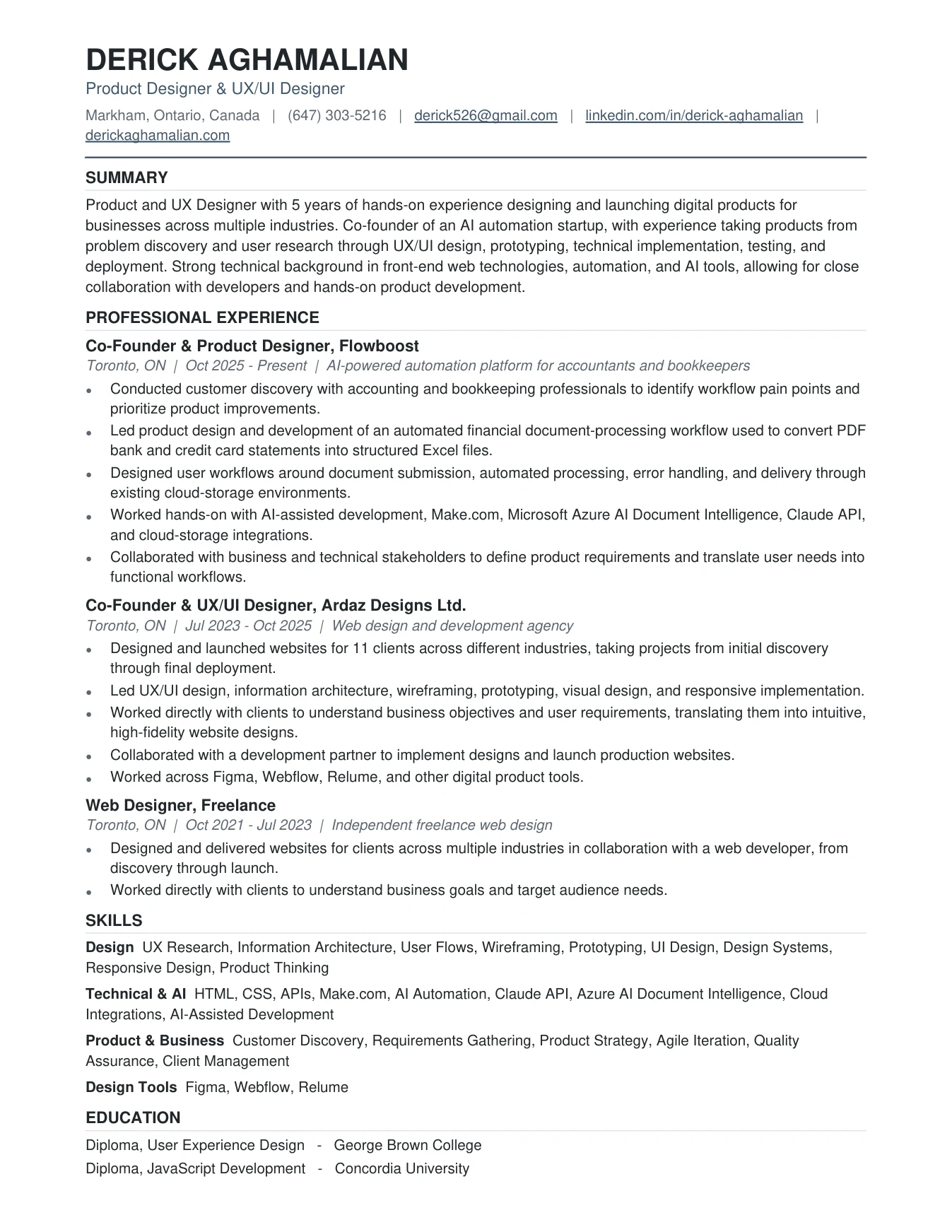 First page of Derick Aghamalian's résumé. Tap to open the full PDF.