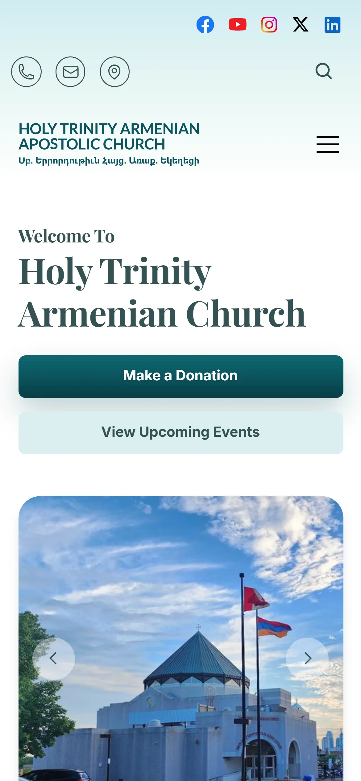 Holy Trinity Armenian Church homepage: a contact bar and wide navigation across Our Church, Services, News, Committees and Barev Centre, a serif Welcome To Holy Trinity Armenian Church heading with Make a Donation and View Upcoming Events buttons, and a photograph of the domed church beneath a Canadian flag.
